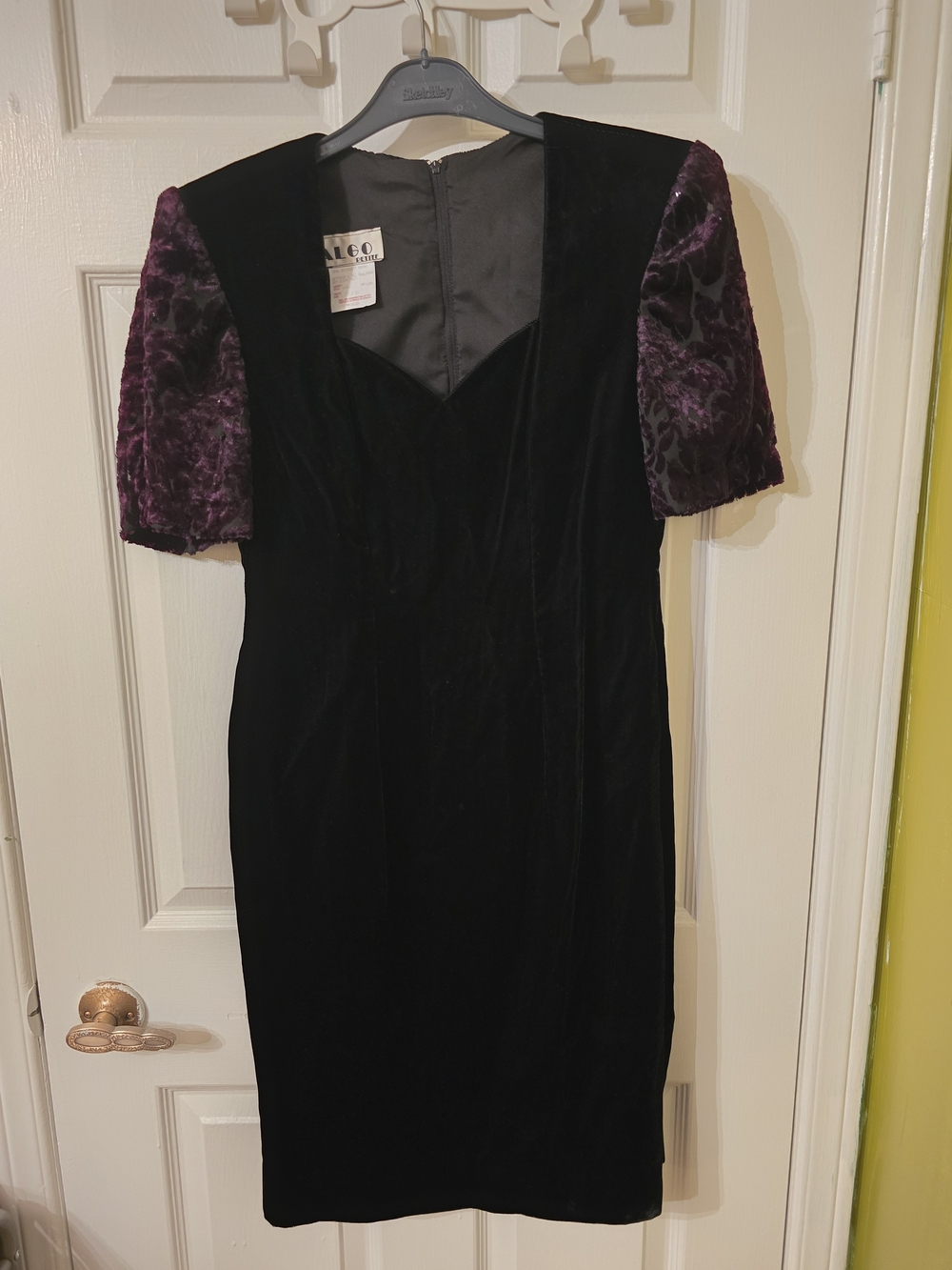 A.L.C. Black Velvet Midi Dress with Purple Puff Sleeves